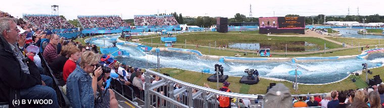 Photo taken with panoramic camera of White water raft olympic event.